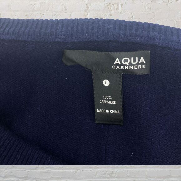 Aqua Cashmere Cardigan Size L Button Front 100% Cashmere Navy Blue Classic - Picture 15 of 16